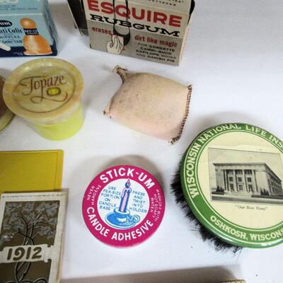 Lot of Vintage Small Advertising Items, Boxes, Brush, Heather Rouge Tin, 1912 Calendar, More