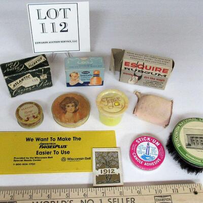 Lot of Vintage Small Advertising Items, Boxes, Brush, Heather Rouge Tin, 1912 Calendar, More