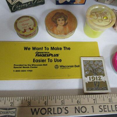 Lot of Vintage Small Advertising Items, Boxes, Brush, Heather Rouge Tin, 1912 Calendar, More