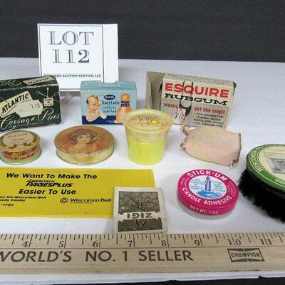 Lot of Vintage Small Advertising Items, Boxes, Brush, Heather Rouge Tin, 1912 Calendar, More