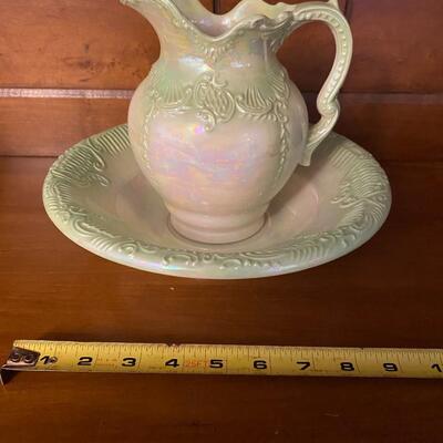 2 pc Ceramic green opalescent pitcher and basin