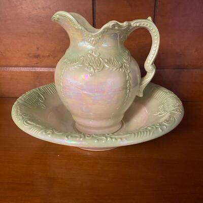 2 pc Ceramic green opalescent pitcher and basin