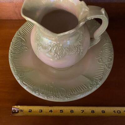 2 pc Ceramic green opalescent pitcher and basin