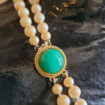 Lot 5: Vintage Faux Double Strand Pearl Necklace with Real Jade Cabochon Box Clasp