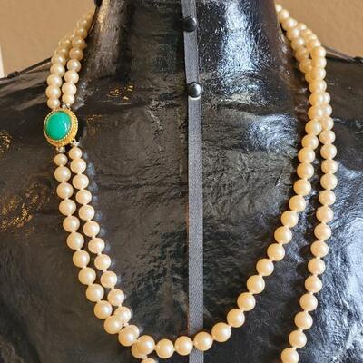 Lot 5: Vintage Faux Double Strand Pearl Necklace with Real Jade Cabochon Box Clasp