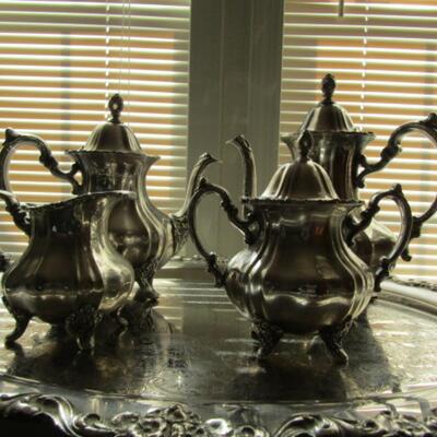 Lovely Beverage Serving Set by Towle- Coffee Pot, Tea Pot, Covered Sugar, Creamer, and Serving Tray