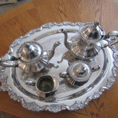 Lovely Beverage Serving Set by Towle- Coffee Pot, Tea Pot, Covered Sugar, Creamer, and Serving Tray