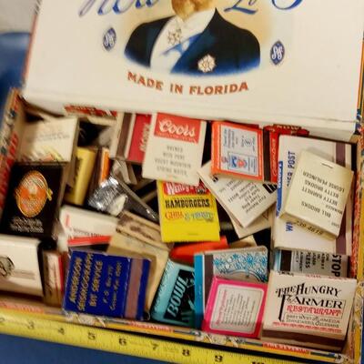 LOT 139   OLD TOBACCO BOX FULL OF VINTAGE MATCH BOOKS