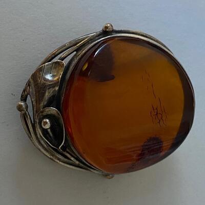 Art Nouveau Danish or polish sterling silver marked amber brooch