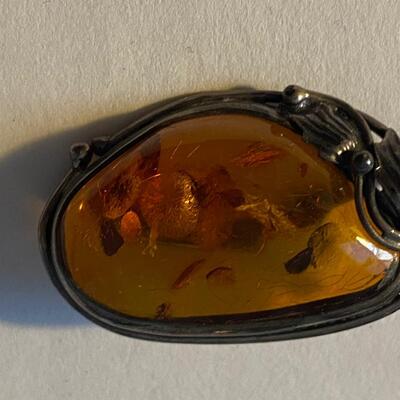 Art nouveau sterling silver amber pin marked: Denmark or Poland