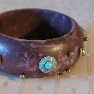 Lot 17: Wood Cuff with Stone and Metal Embellishments