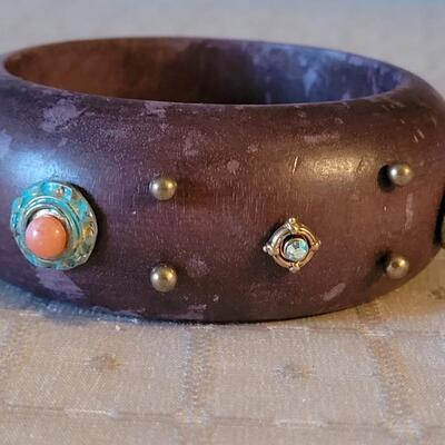 Lot 17: Wood Cuff with Stone and Metal Embellishments