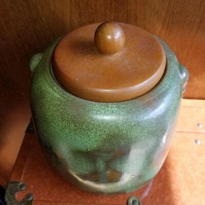 Vintage pottery. Ceramic cookie jar with wooden top