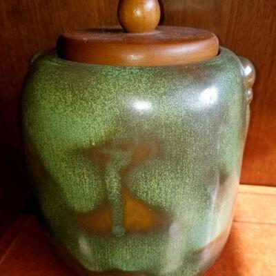 Vintage pottery. Ceramic cookie jar with wooden top