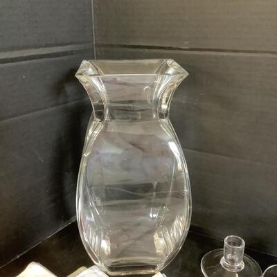 Lot 847.  Glass Vase/Bowl,Candlesticks, Handpainted Floral Napkins
