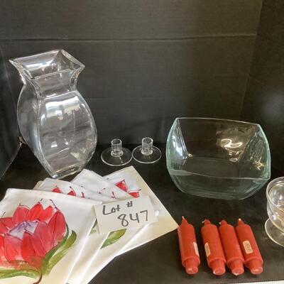 Lot 847.  Glass Vase/Bowl,Candlesticks, Handpainted Floral Napkins