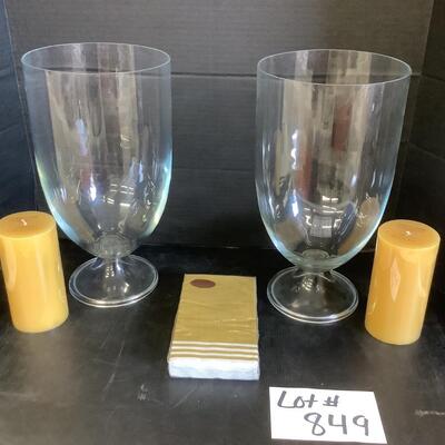 Lot 849. Pair of Footed Clear Glass Hurricane Globes. With Pottery Barn Candles