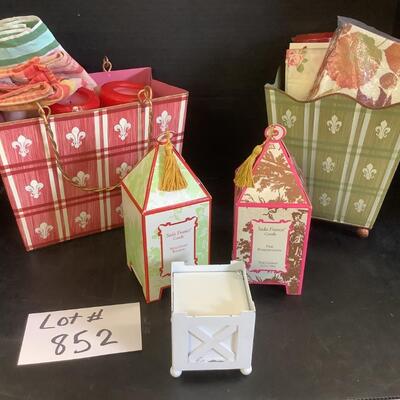 Lot 852 Pair of Seda France Candles/Pair of Tins filled with Candles/Napkins
