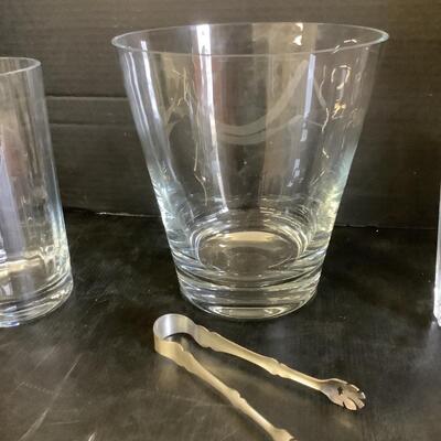 Lot 853. Clear Glass Wine Bucket /Pair of Clear Glass Ribbed Vases/ Silver Tongs