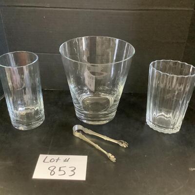 Lot 853. Clear Glass Wine Bucket /Pair of Clear Glass Ribbed Vases/ Silver Tongs