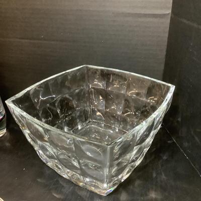 Lot 859  Three Tiered Glass Compote with Beehive Candles and more