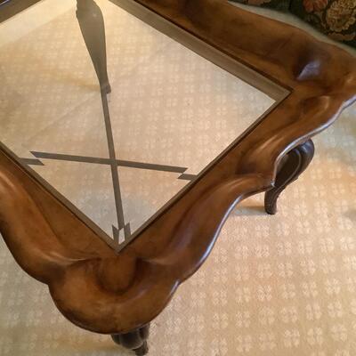 Coffee table-glass insert-wood-metal cross bar