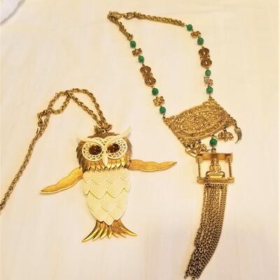 Lot #88  Two Cute Mid-Century Novelty Necklaces - owl and buddha
