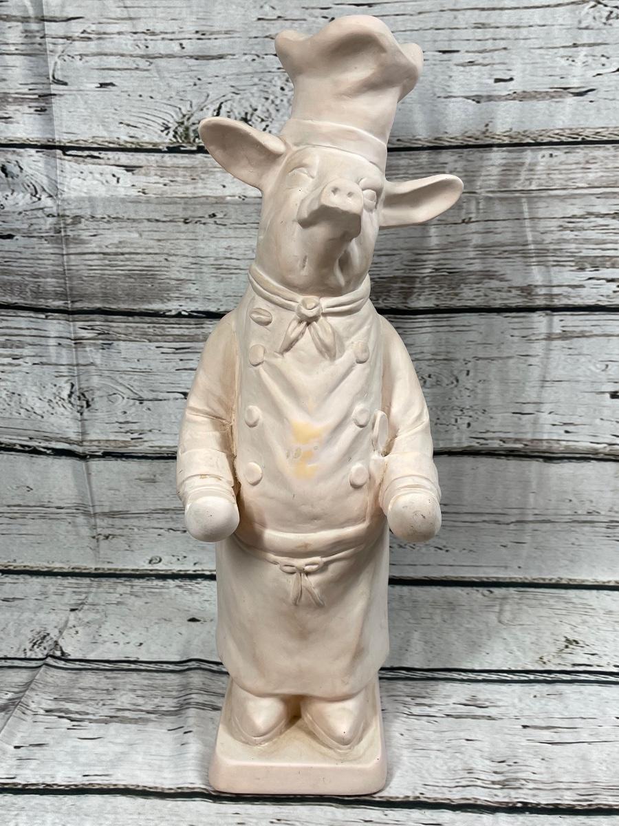 Plaster Ceramic Pig Wearing a Chef Outfit Statue Fleur de Lis 1997