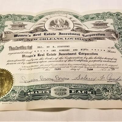 Lot #95  Vintage New Orleans Stock Certificate - Women's Real Estate Investment Corporation