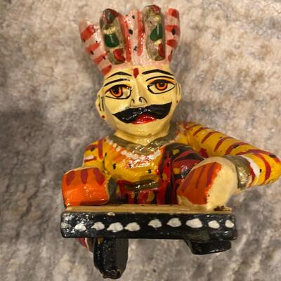 Vintage India Rajasthani Sitting Musician Carved Wooden Bawla Statue