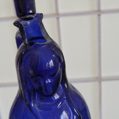 Lot 77: Our Lady of Guadalupe Cobalt Blue Glass Holy Water Bottle