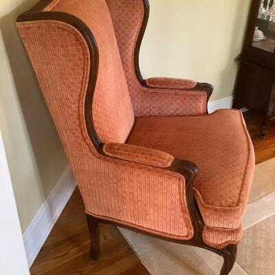 Wing back chair, basket woven pattern, cinnabar color