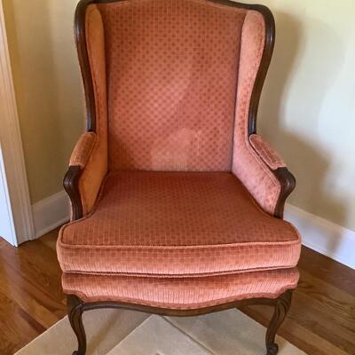 Wing back chair, basket woven pattern, cinnabar color
