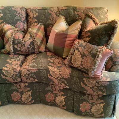 Gorgeous couch reupholstered with Italian fabric- 7 pillows