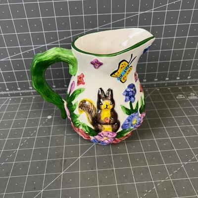 Majolica like Pitcher - with Hummingbird and Squirrel  