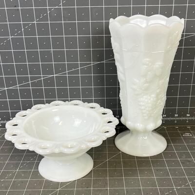 Milk Glass large Vase and Dish 