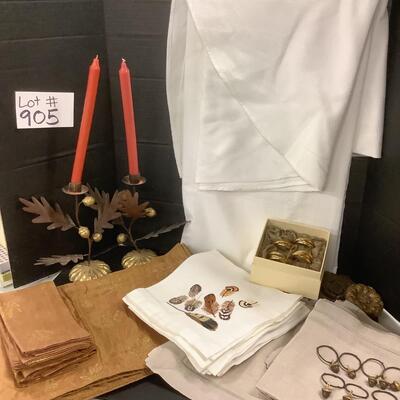 Lot 905. Lot of Fall Table Linens, Napkin Rings, Decorative Candlestick
