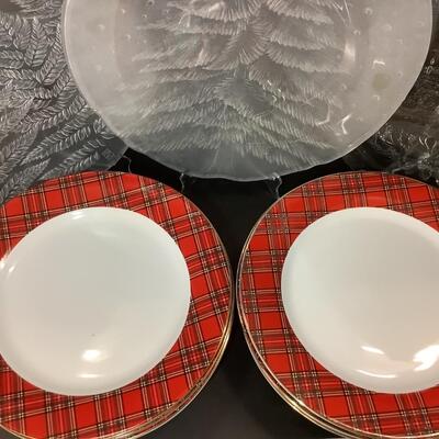 Lot 860. Christmas Plaid Rimmed Plates / Frosted Christmas Platters