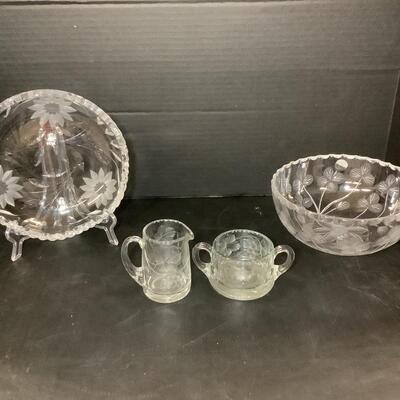 Lot 862. Pressed Glass Cream/Sugar, Etched Press Glass Bowls