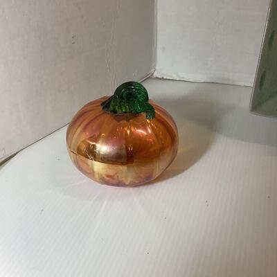 Lot 864. Accent Gift Box Table Decor ,Two Sage Green Platters, & Hand Blown Glass Pumpkin