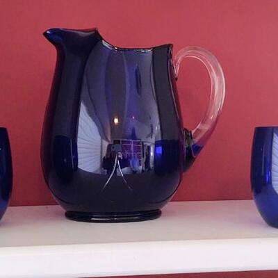 Blue Crystal Pitcher w/6 glasses