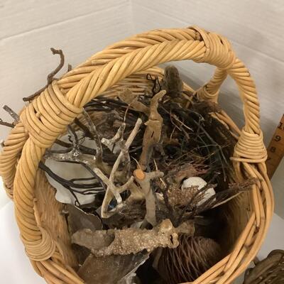Lot  940. Basket filled with Sea Items & Natural Stick/Wood Basket