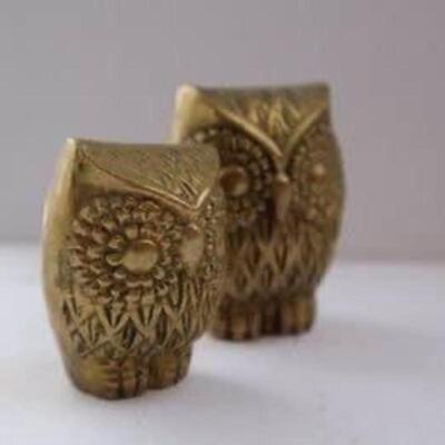 Mid century solid brass owl set
