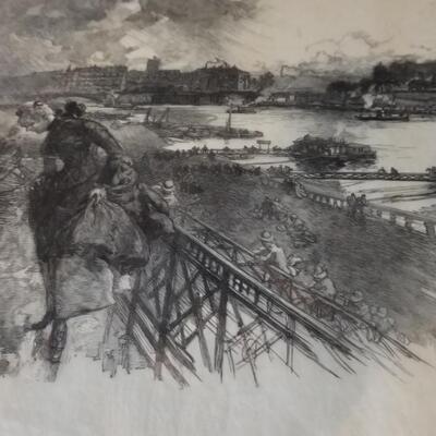 1800's Black and White Waterfront Art Piece