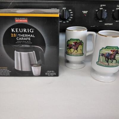 LOT 17 NEW STAINLESS STEEL KEURIG CARAFE WITH MUGS