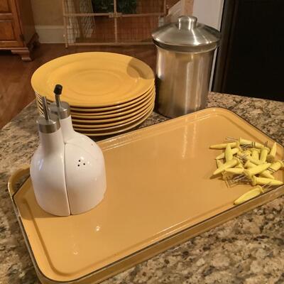 Napa style enamel cast iron pan, plates, canister, S&P/oil/vinegar