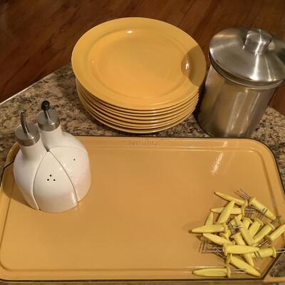 Napa style enamel cast iron pan, plates, canister, S&P/oil/vinegar