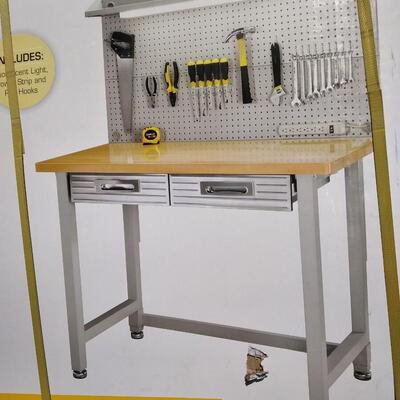LOT 90  NEW WORKBENCH WITH PEGBOARD, DRAWERS AND LIGHT