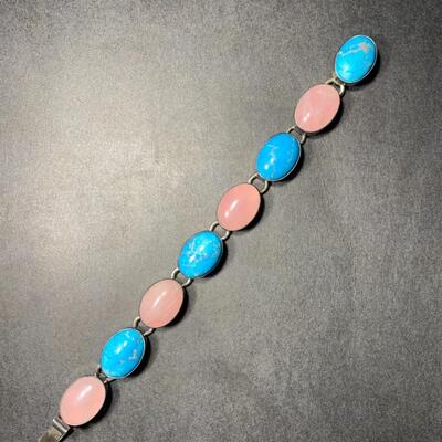 Sterling Silver Pink Quartz & Turquoise Bracelet