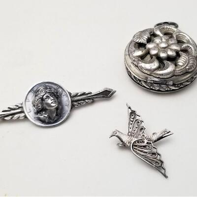 Lot #115  Vintage Jewelry Lot - Locket, Sterling Bird Brooch, Dime Brooch